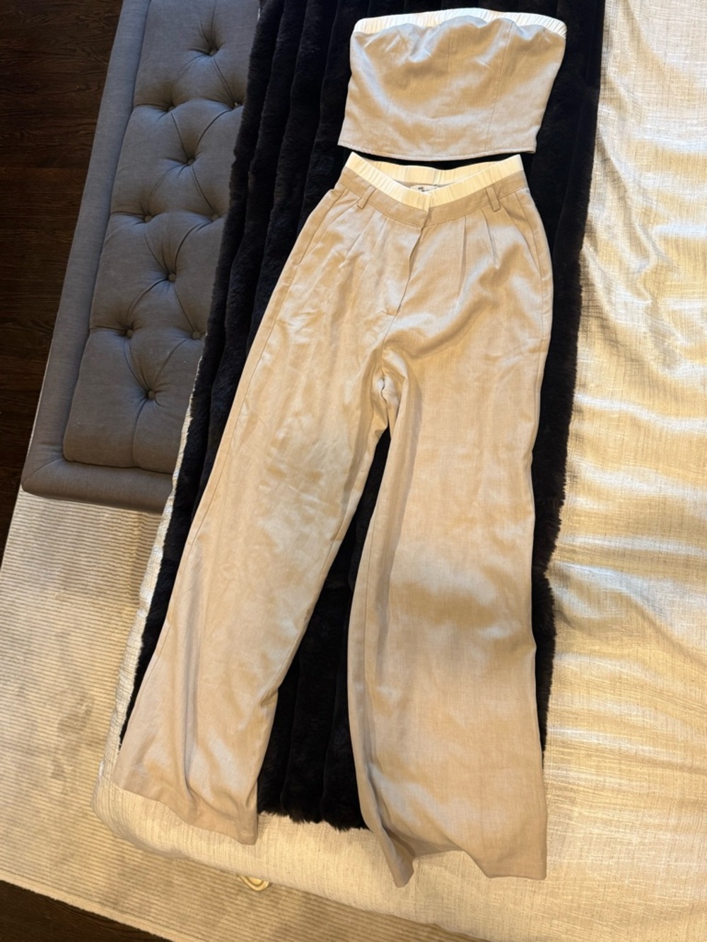 Beige Wide-Leg Trouser Pants Set-Women's